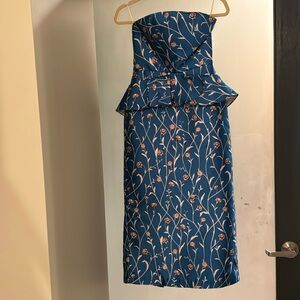 Johanna Ortiz Blue Strapless Floral Dress